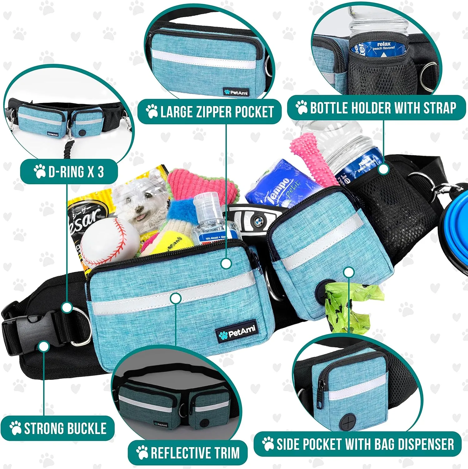 PetAmi Hands Free Dog Leash, Dog Running Leash Belt Bag for Walking, Jogging, Dog Waist Double Zipper Pouch with Poop Bag Dispenser, Dual Padded Handles Reflective Bungee Leash, Single (Turquoise)