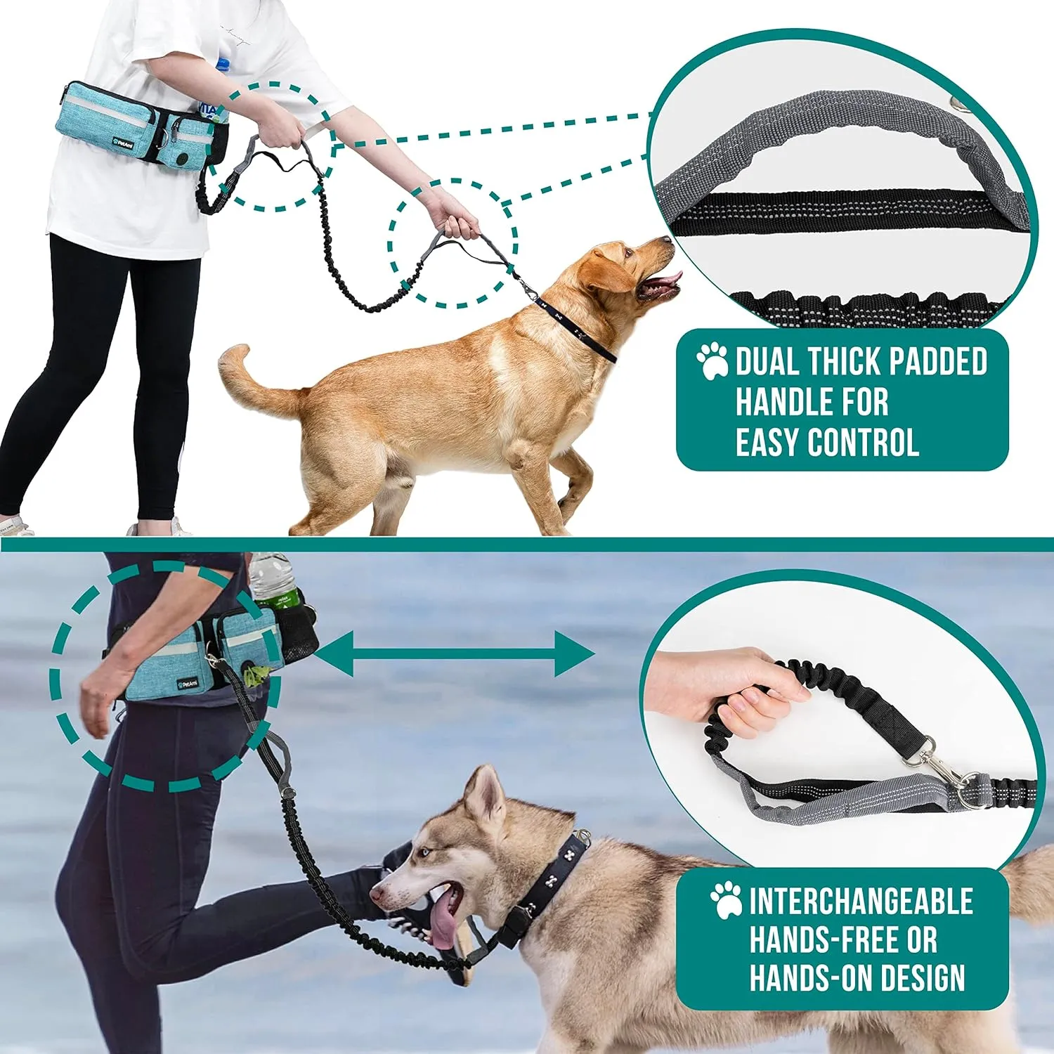PetAmi Hands Free Dog Leash, Dog Running Leash Belt Bag for Walking, Jogging, Dog Waist Double Zipper Pouch with Poop Bag Dispenser, Dual Padded Handles Reflective Bungee Leash, Single (Turquoise)
