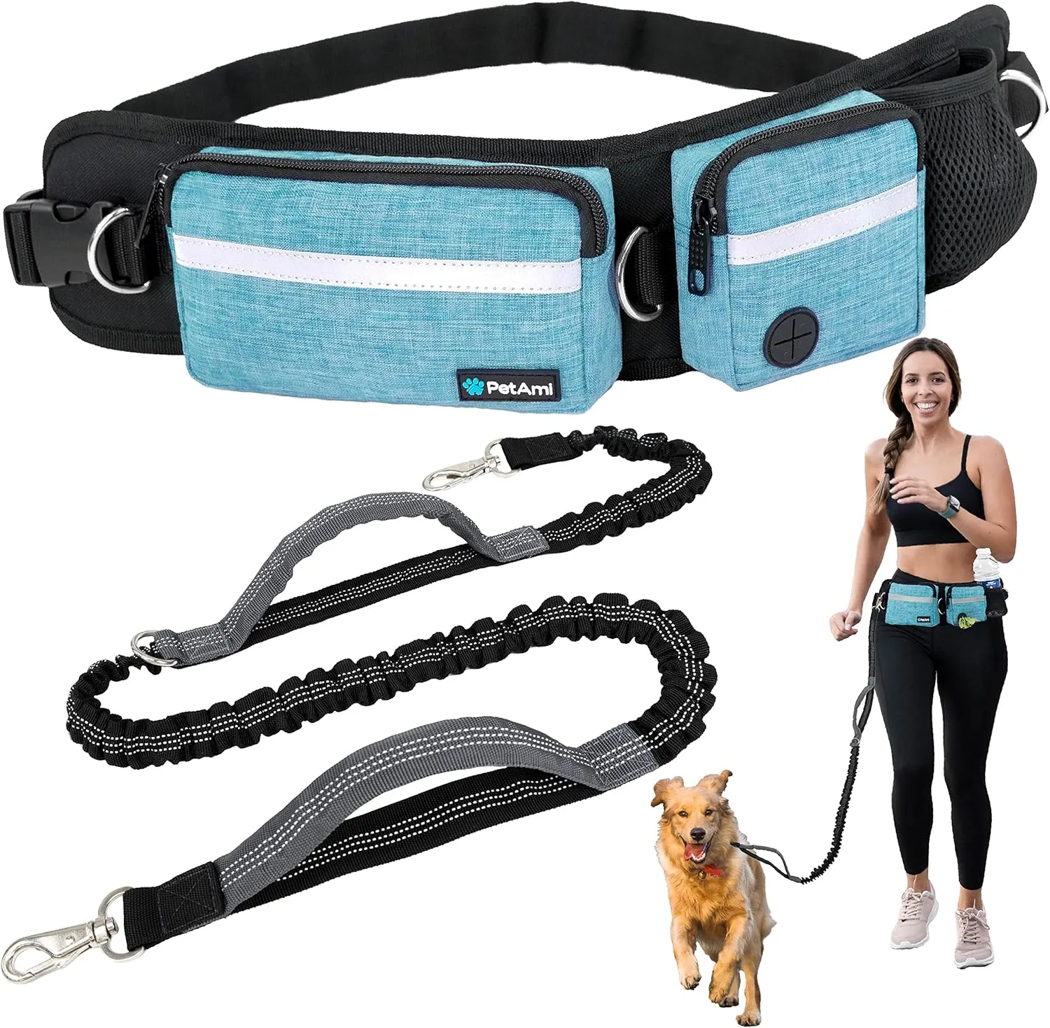 PetAmi Hands Free Dog Leash, Dog Running Leash Belt Bag for Walking, Jogging, Dog Waist Double Zipper Pouch with Poop Bag Dispenser, Dual Padded Handles Reflective Bungee Leash, Single (Turquoise)