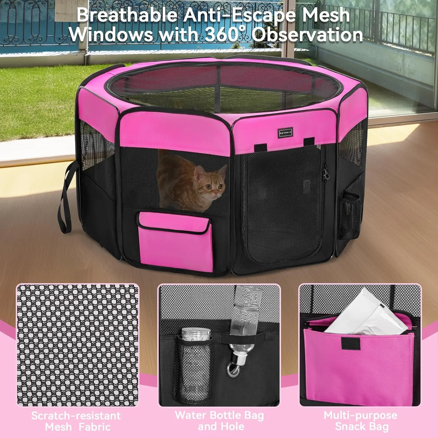 PETSFIT Portable Dog Playpen, 29" Dia Puppy Playpen with Zipper Removable Mesh Top Cover and Leakproof Playpen Bottom Mat-Cat Playpen Indoor/Outdoor for Cats,Dogs&Small Animals