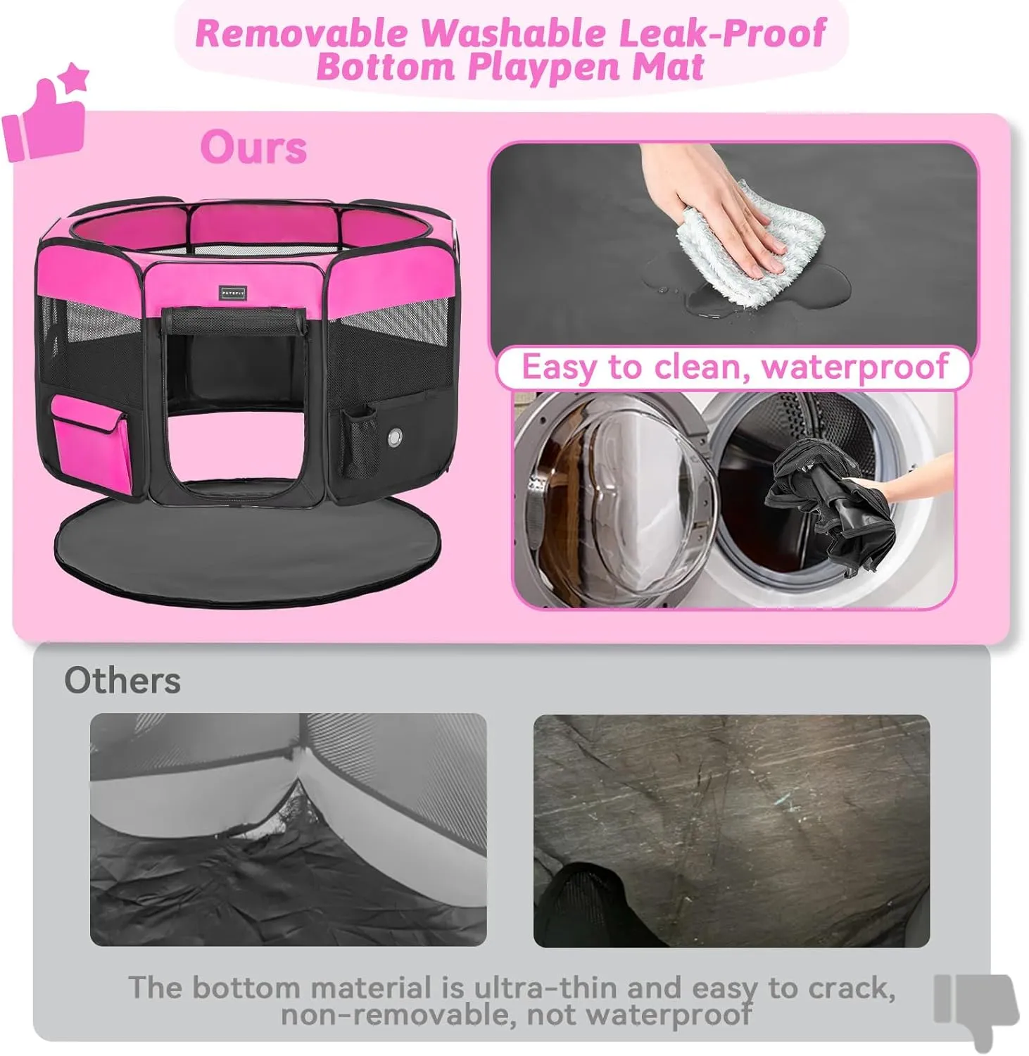 PETSFIT Portable Dog Playpen, 29" Dia Puppy Playpen with Zipper Removable Mesh Top Cover and Leakproof Playpen Bottom Mat-Cat Playpen Indoor/Outdoor for Cats,Dogs&Small Animals