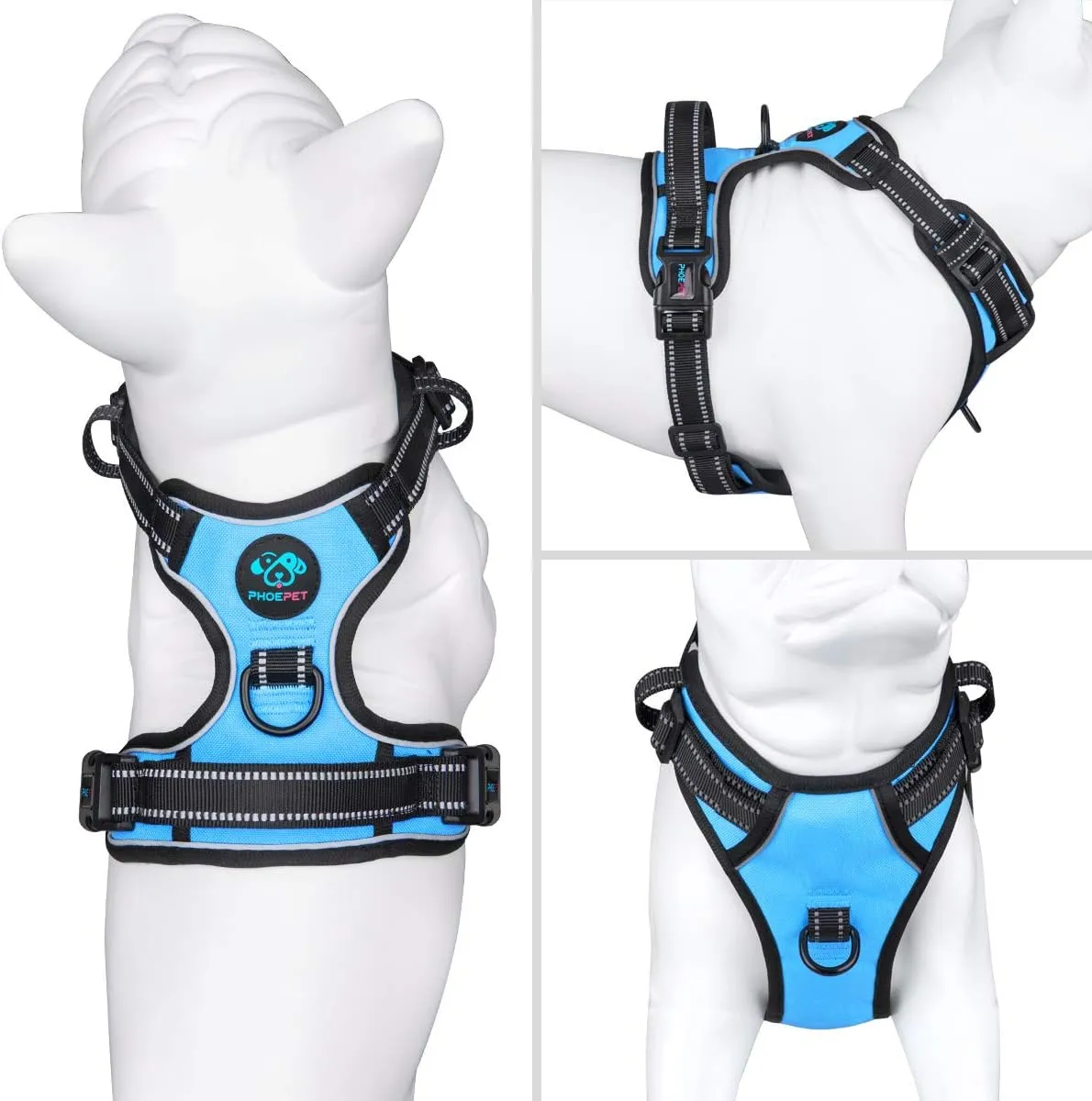 PHOEPET No Pull Dog Harnesses for Small Puppies Reflective Adjustable Front Clip Vest with 2 Metal Leash Attachment Hooks Soft Handle(S, Blue)
