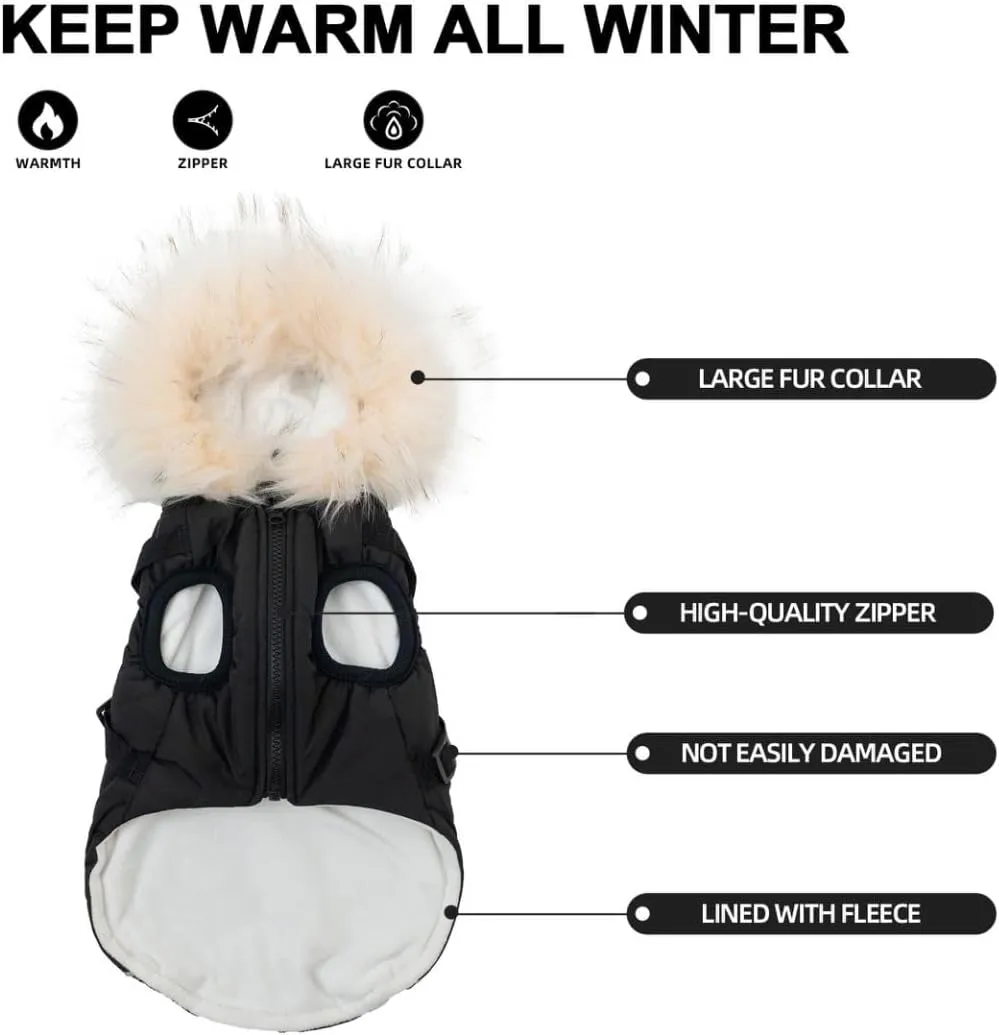 PINA Dog Winter Coat with Waterproof Fabric, Faux Fur Hood, Reflective Strap for Small to Large Dogs, Black, M