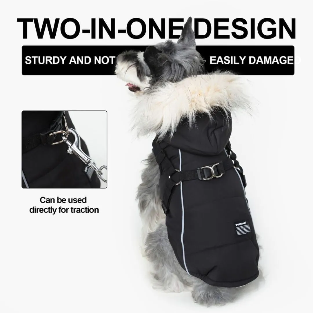 PINA Dog Winter Coat with Waterproof Fabric, Faux Fur Hood, Reflective Strap for Small to Large Dogs, Black, M