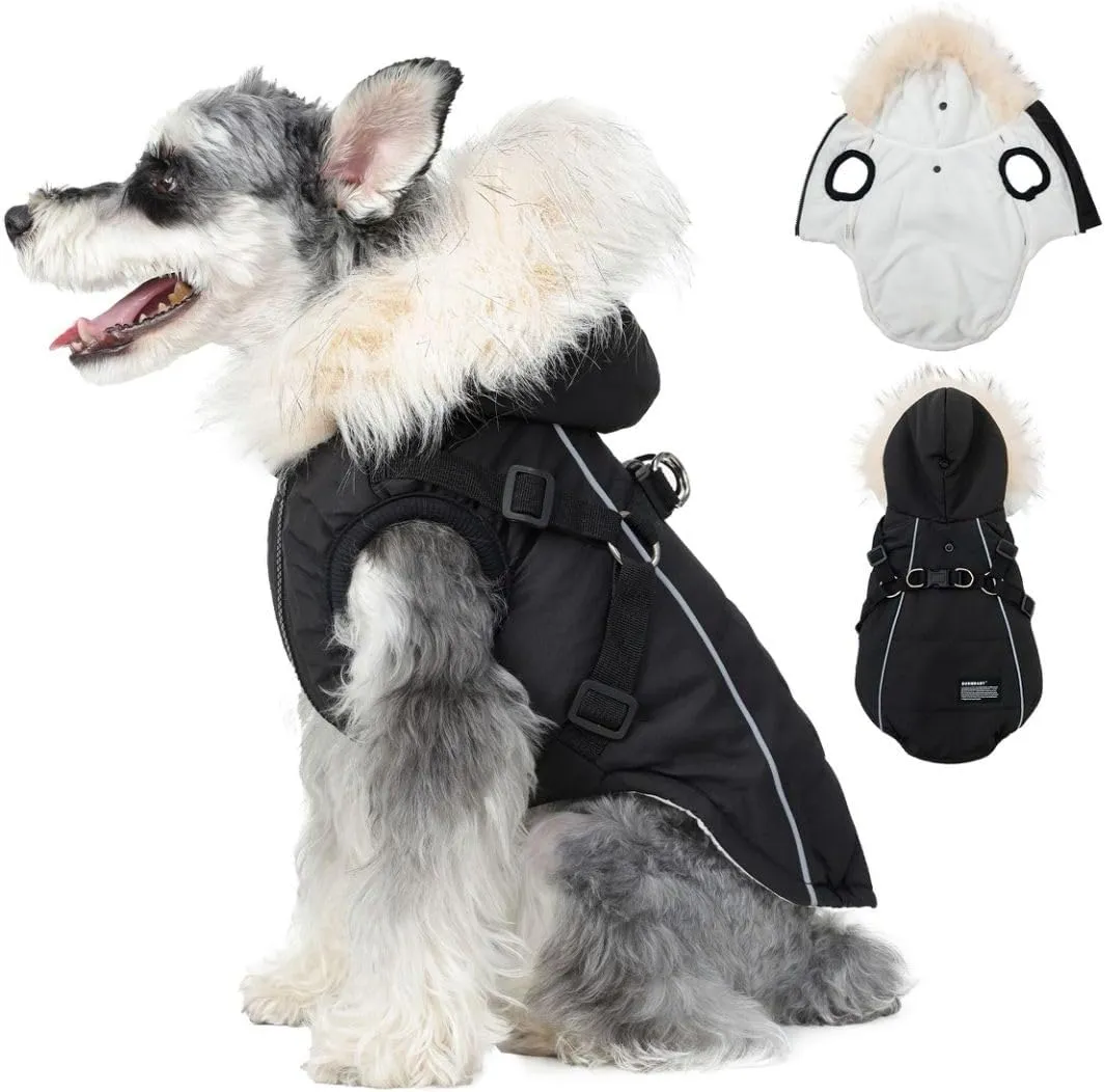PINA Dog Winter Coat with Waterproof Fabric, Faux Fur Hood, Reflective Strap for Small to Large Dogs, Black, M