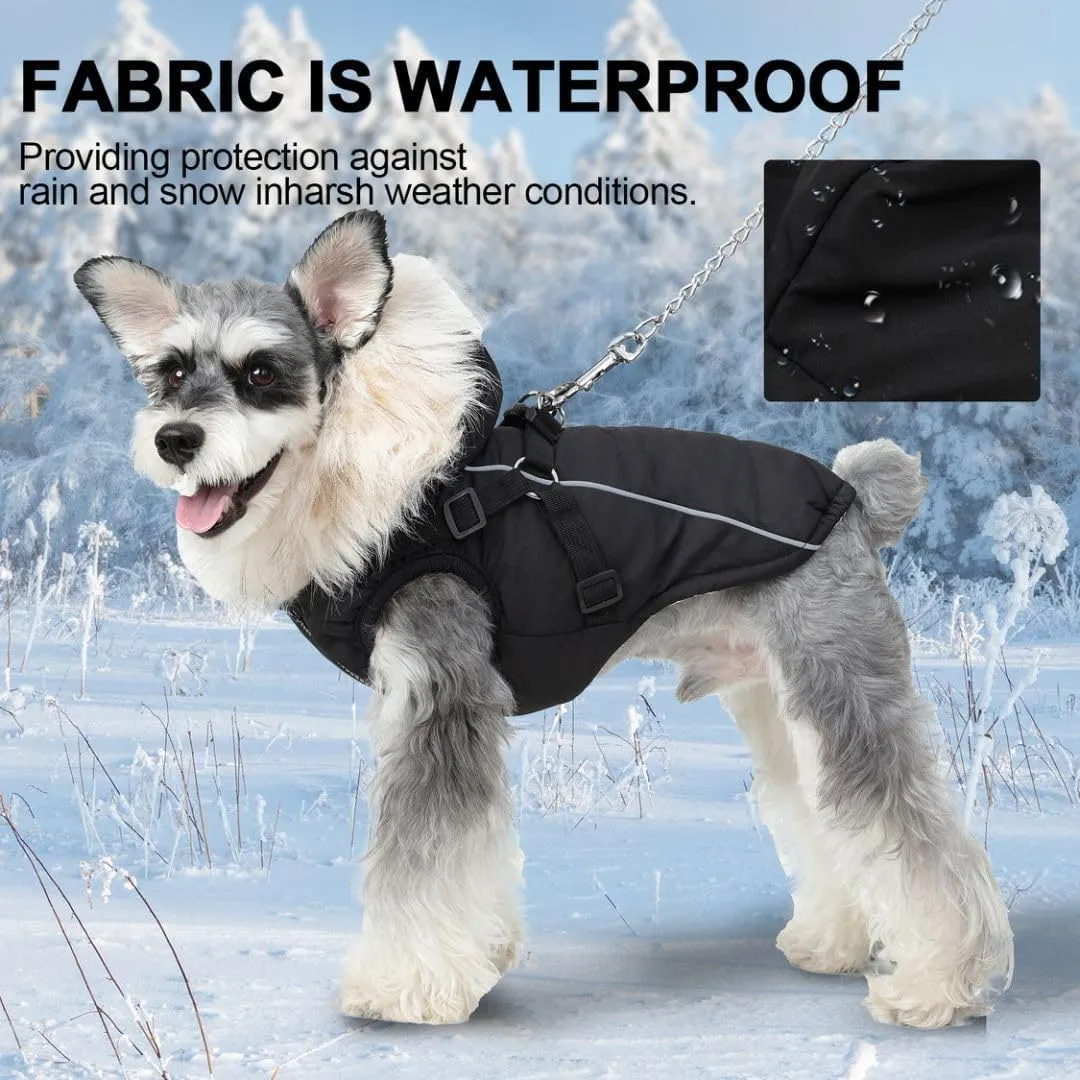 PINA Dog Winter Coat with Waterproof Fabric, Faux Fur Hood, Reflective Strap for Small to Large Dogs, Black, M