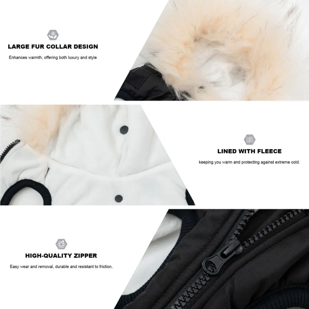 PINA Dog Winter Coat with Waterproof Fabric, Faux Fur Hood, Reflective Strap for Small to Large Dogs, Black, M