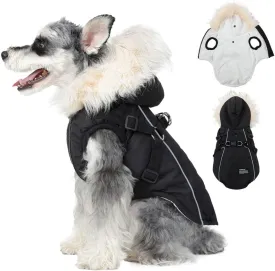 PINA Dog Winter Coat with Waterproof Fabric, Faux Fur Hood, Reflective Strap for Small to Large Dogs, Black, M