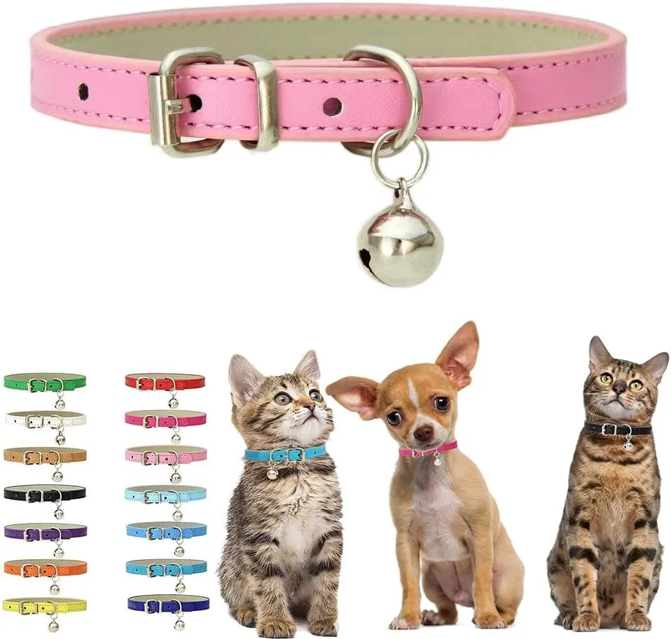Pink XS Dog Collar with Bell, Soft Pu Leather Kitten Dog Collars Adjustable Buckle for XXS XS Extra Small Medium Tiny Female Male Boys Girls Pets Puppy Cats Teacup Yorkie X-Small