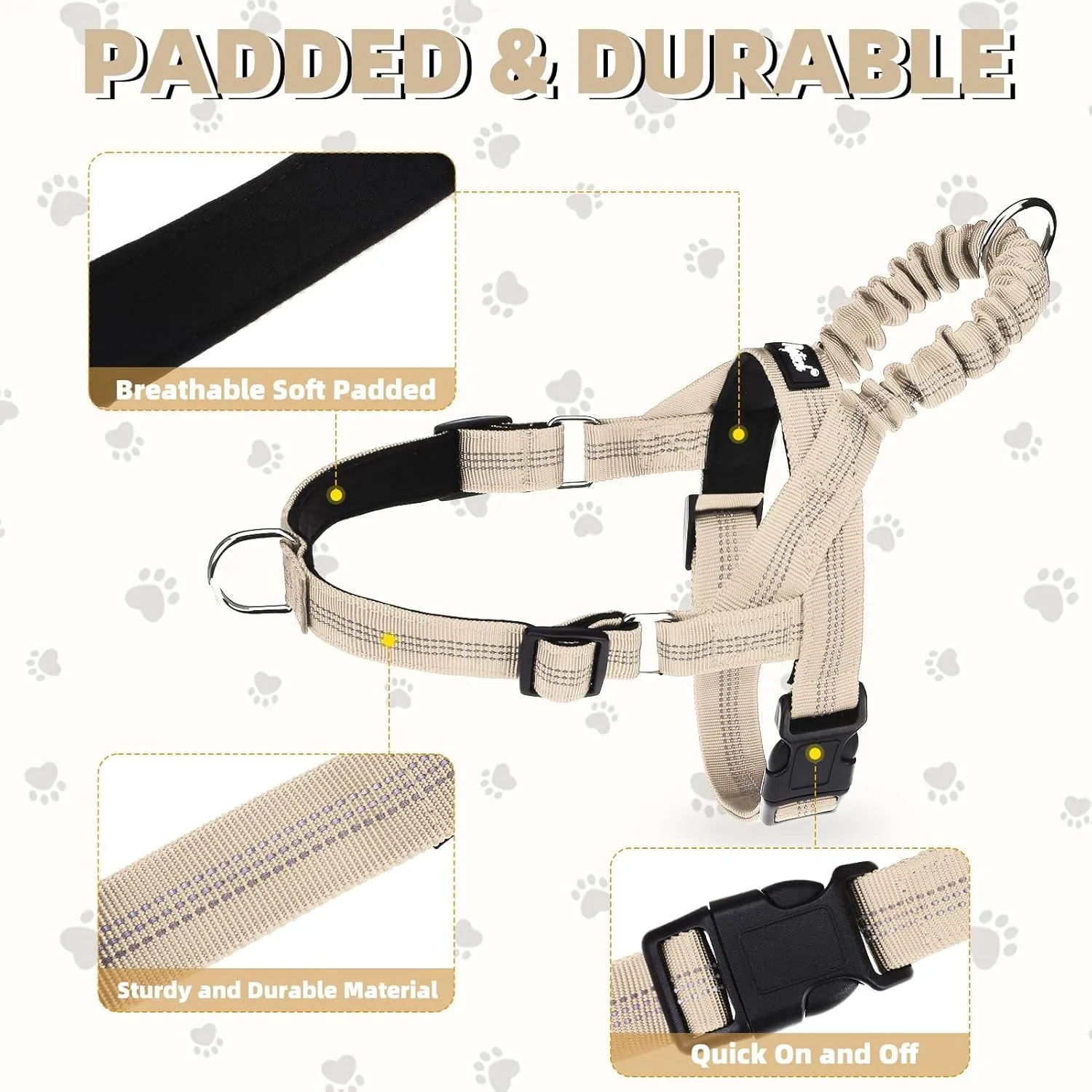PUPTECK No Pull Dog Harness Small Sized Dog, Adjustable Reflective Pet Vest Harness with Bungee Handle, Escape Proof No Choke Harness for Small Dogs Walking Training, Beige XS