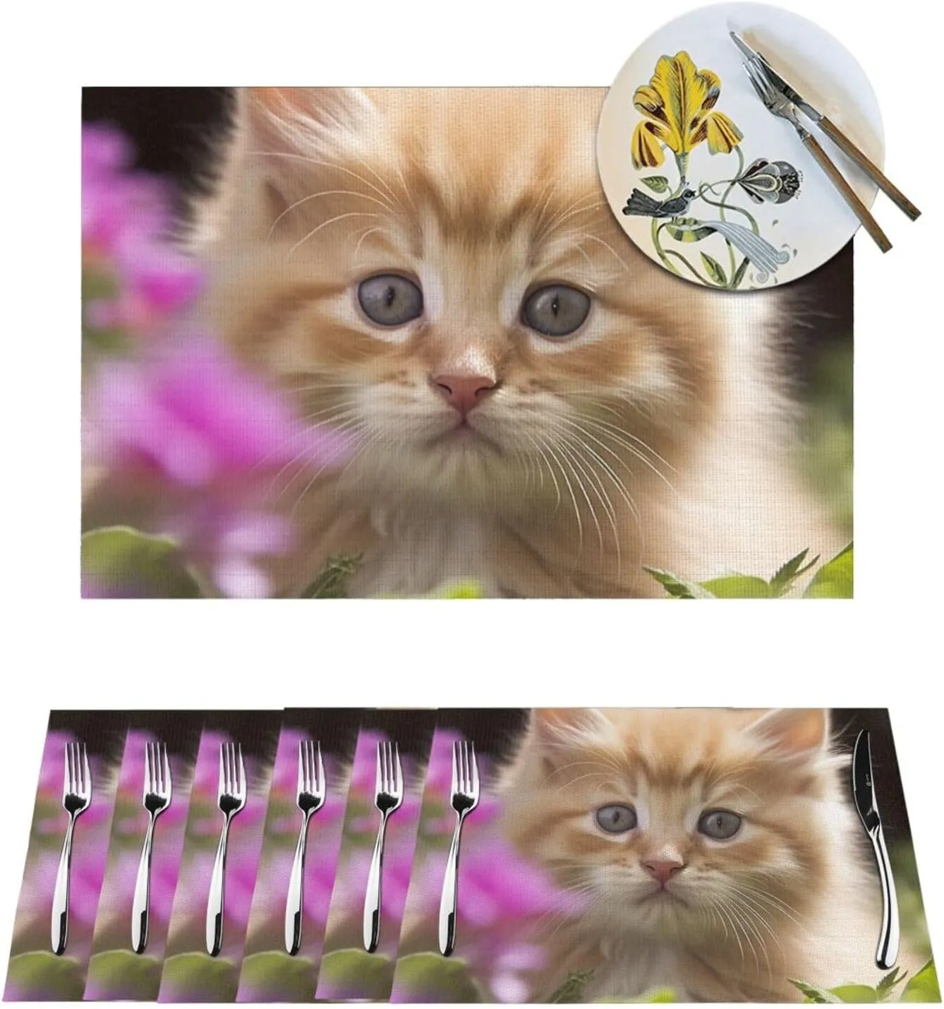 PVC Woven Placemats Set of 1 PCS, Cute Cat Placemat for Dining Table, Heat Resistant Non-Slip Kitchen Place Mats Washable Indoor Outdoor Table Mats 12x18 Inch