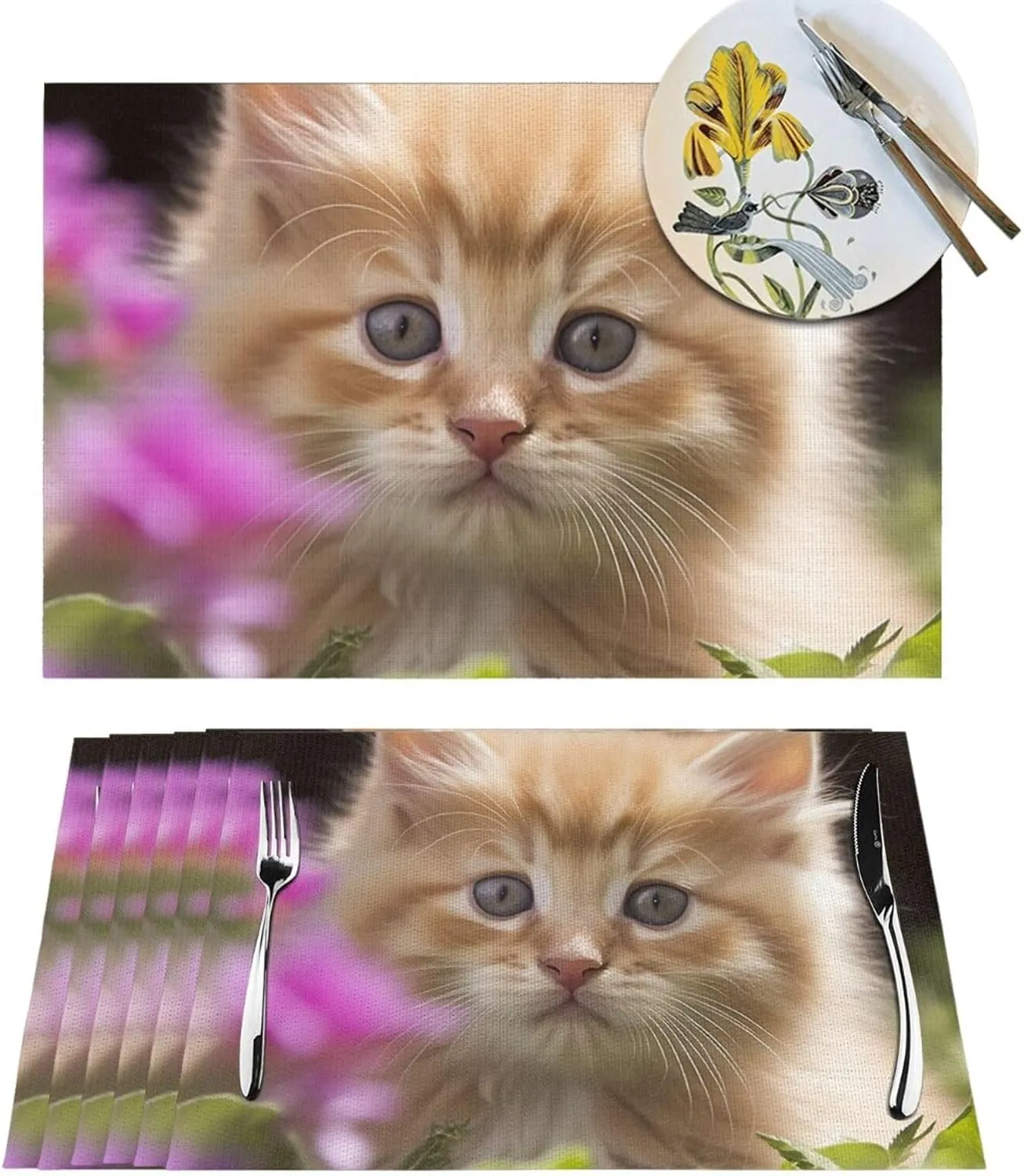 PVC Woven Placemats Set of 1 PCS, Cute Cat Placemat for Dining Table, Heat Resistant Non-Slip Kitchen Place Mats Washable Indoor Outdoor Table Mats 12x18 Inch