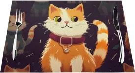 PVC Woven Placemats Set of 1 PCS, Lovely Cat Placemat for Dining Table, Heat Resistant Non-Slip Kitchen Place Mats Washable Indoor Outdoor Table Mats 12x18 Inch