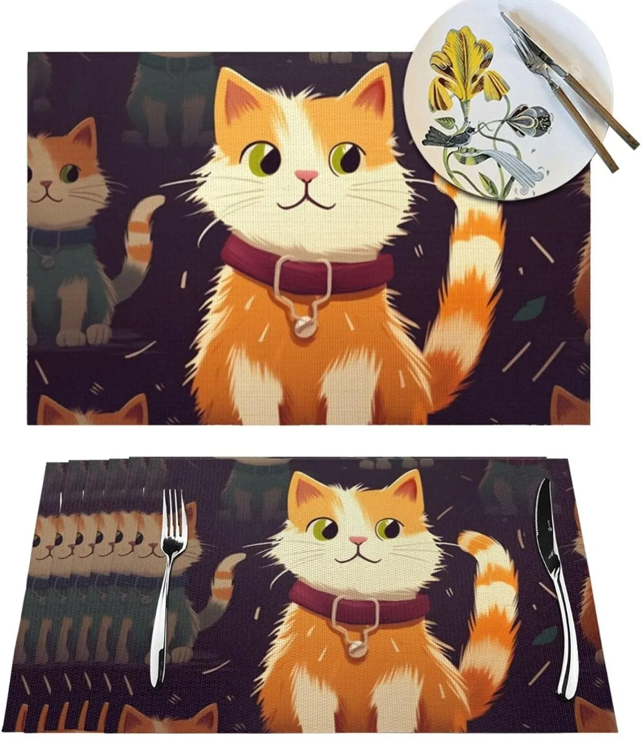 PVC Woven Placemats Set of 1 PCS, Lovely Cat Placemat for Dining Table, Heat Resistant Non-Slip Kitchen Place Mats Washable Indoor Outdoor Table Mats 12x18 Inch