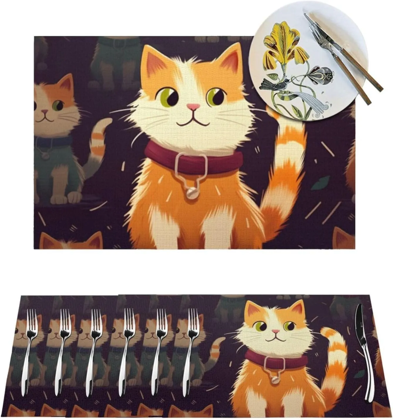 PVC Woven Placemats Set of 1 PCS, Lovely Cat Placemat for Dining Table, Heat Resistant Non-Slip Kitchen Place Mats Washable Indoor Outdoor Table Mats 12x18 Inch
