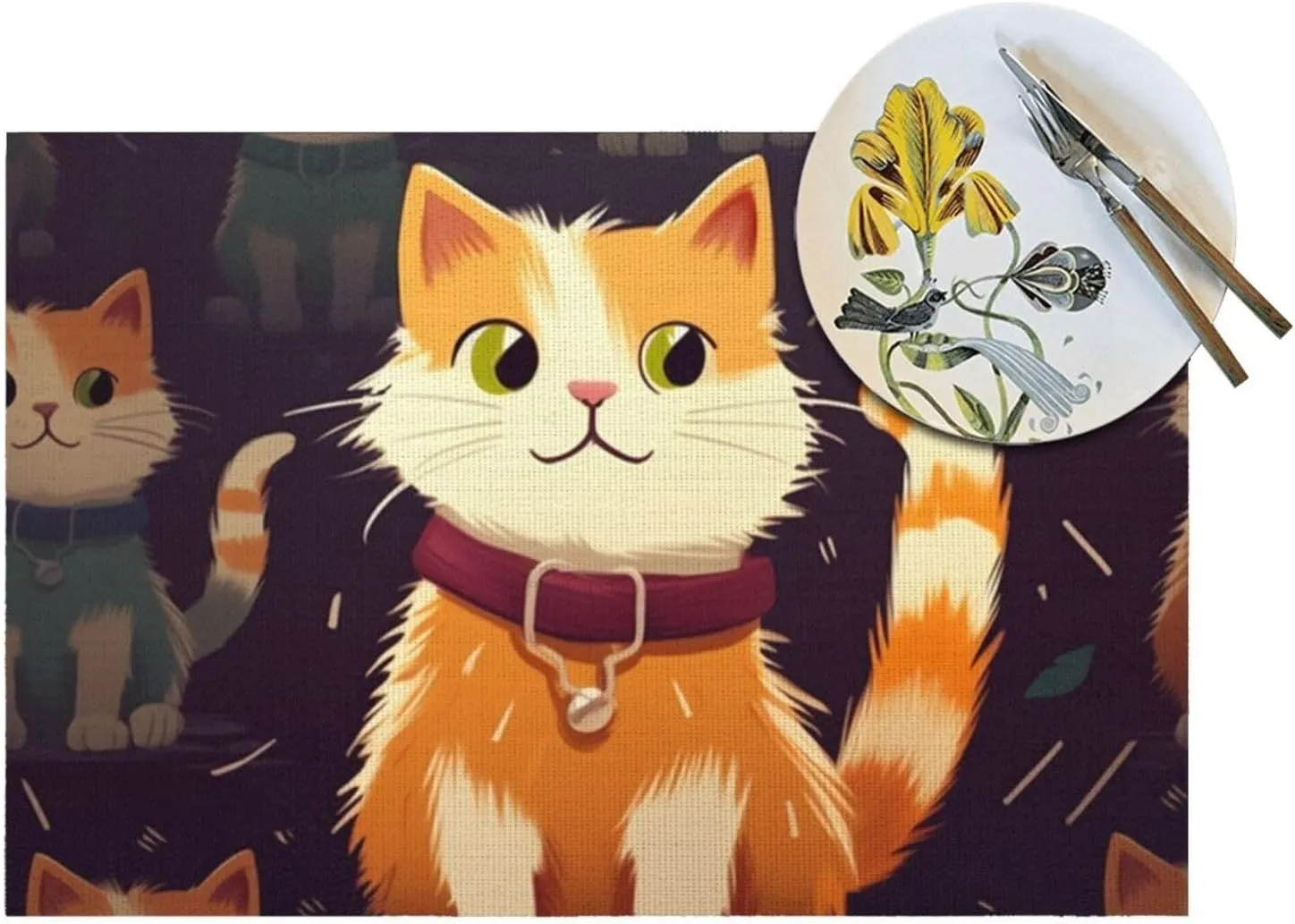 PVC Woven Placemats Set of 1 PCS, Lovely Cat Placemat for Dining Table, Heat Resistant Non-Slip Kitchen Place Mats Washable Indoor Outdoor Table Mats 12x18 Inch
