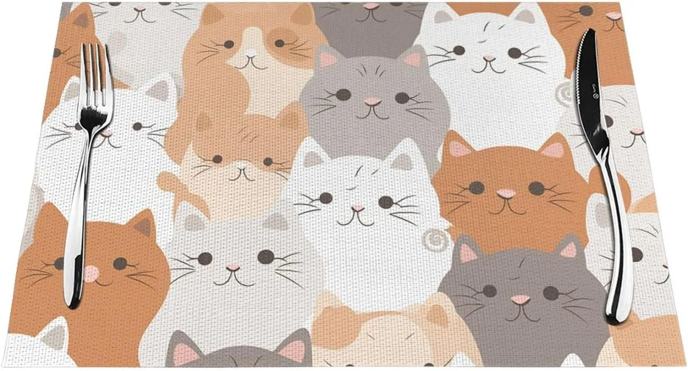 PVC Woven Placemats Set of 4 PCS, Orange Cats Placemat for Dining Table, Heat Resistant Non-Slip Kitchen Place Mats Washable Indoor Outdoor Table Mats 12x18 Inch