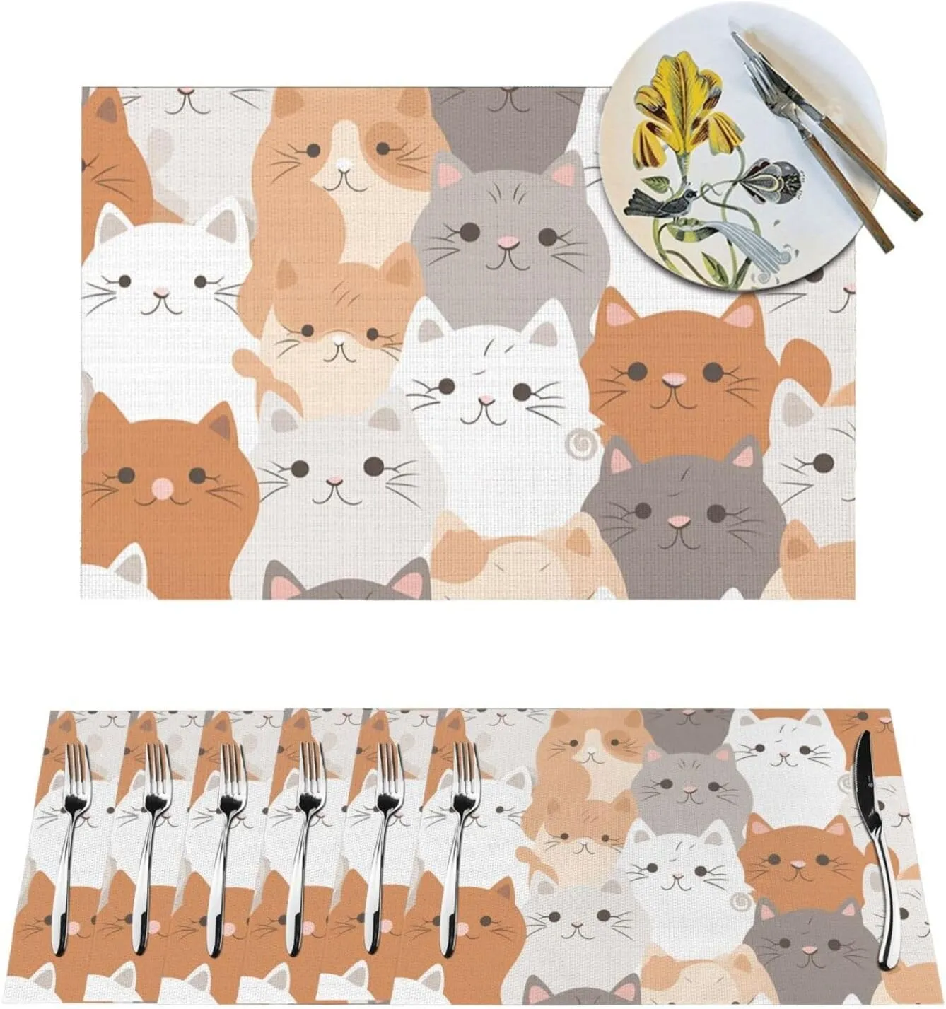 PVC Woven Placemats Set of 4 PCS, Orange Cats Placemat for Dining Table, Heat Resistant Non-Slip Kitchen Place Mats Washable Indoor Outdoor Table Mats 12x18 Inch
