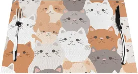 PVC Woven Placemats Set of 4 PCS, Orange Cats Placemat for Dining Table, Heat Resistant Non-Slip Kitchen Place Mats Washable Indoor Outdoor Table Mats 12x18 Inch