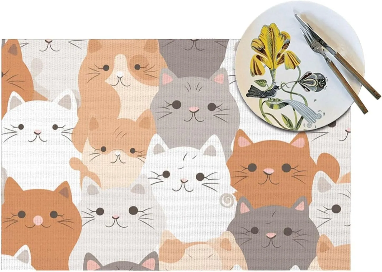 PVC Woven Placemats Set of 4 PCS, Orange Cats Placemat for Dining Table, Heat Resistant Non-Slip Kitchen Place Mats Washable Indoor Outdoor Table Mats 12x18 Inch