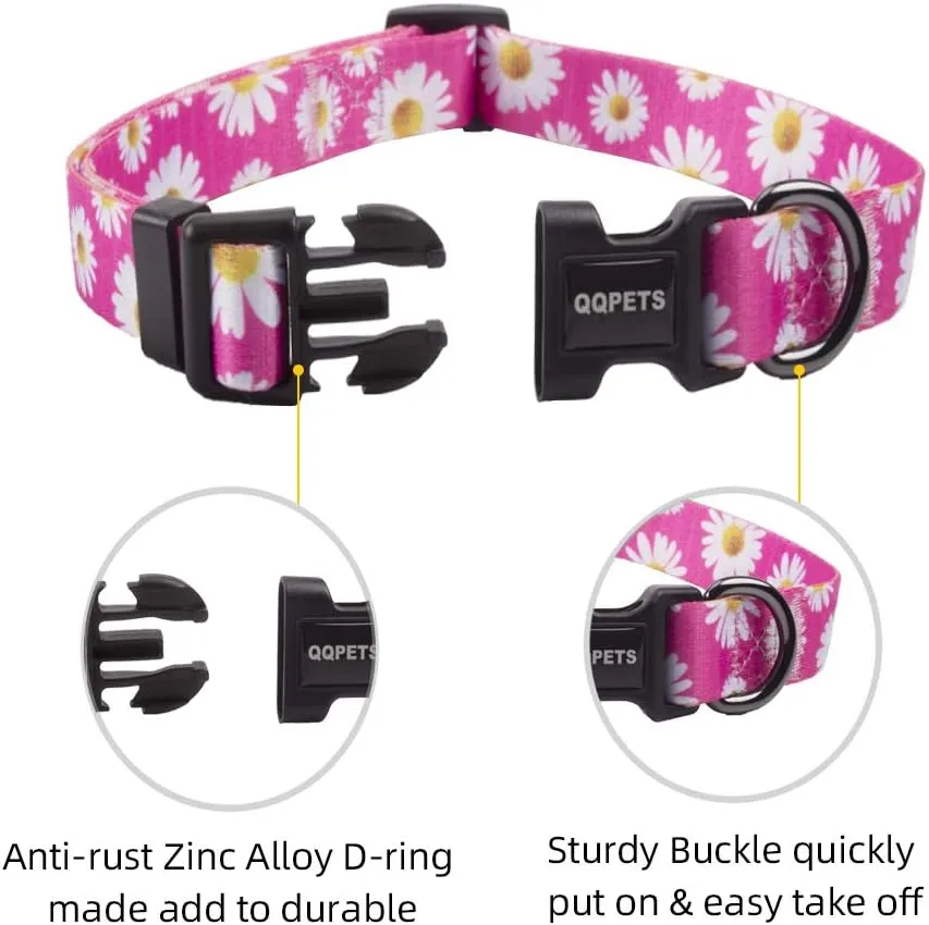 QQPETS Adjustable Soft Dog Collar: Print Flower Pink Multicolor Cute Patterns for XS Small Medium Large Pet Girl Boy Puppy Walking Running Training (S, Small Daisies)
