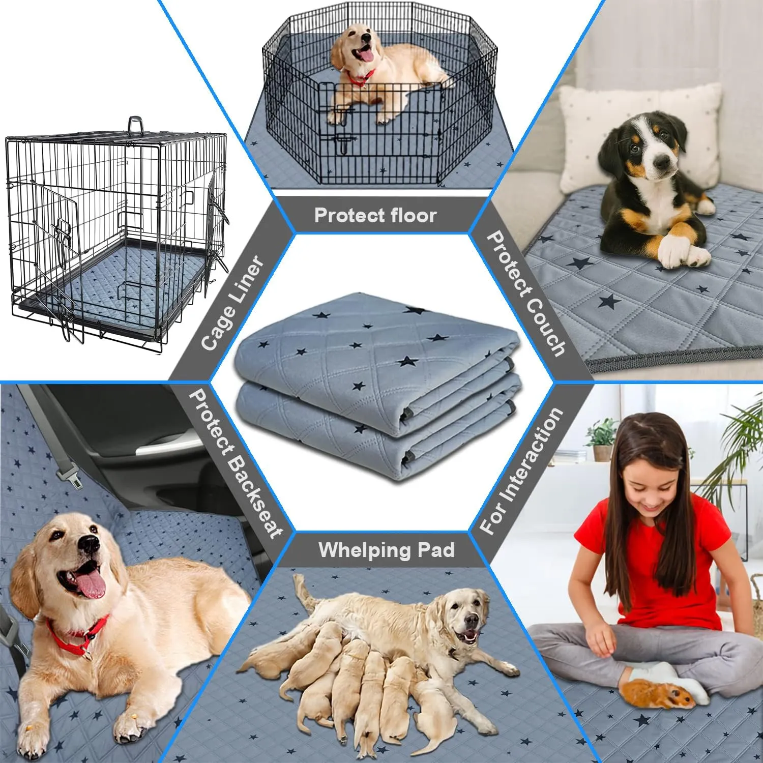 RIOUSSI Washable Pee Pads for Dogs, Reusable, Absorbent, Leakproof, Non Slip Pet Puppy Pads for Potty Training. Gray Stars, 18x24 Inch(4pack)