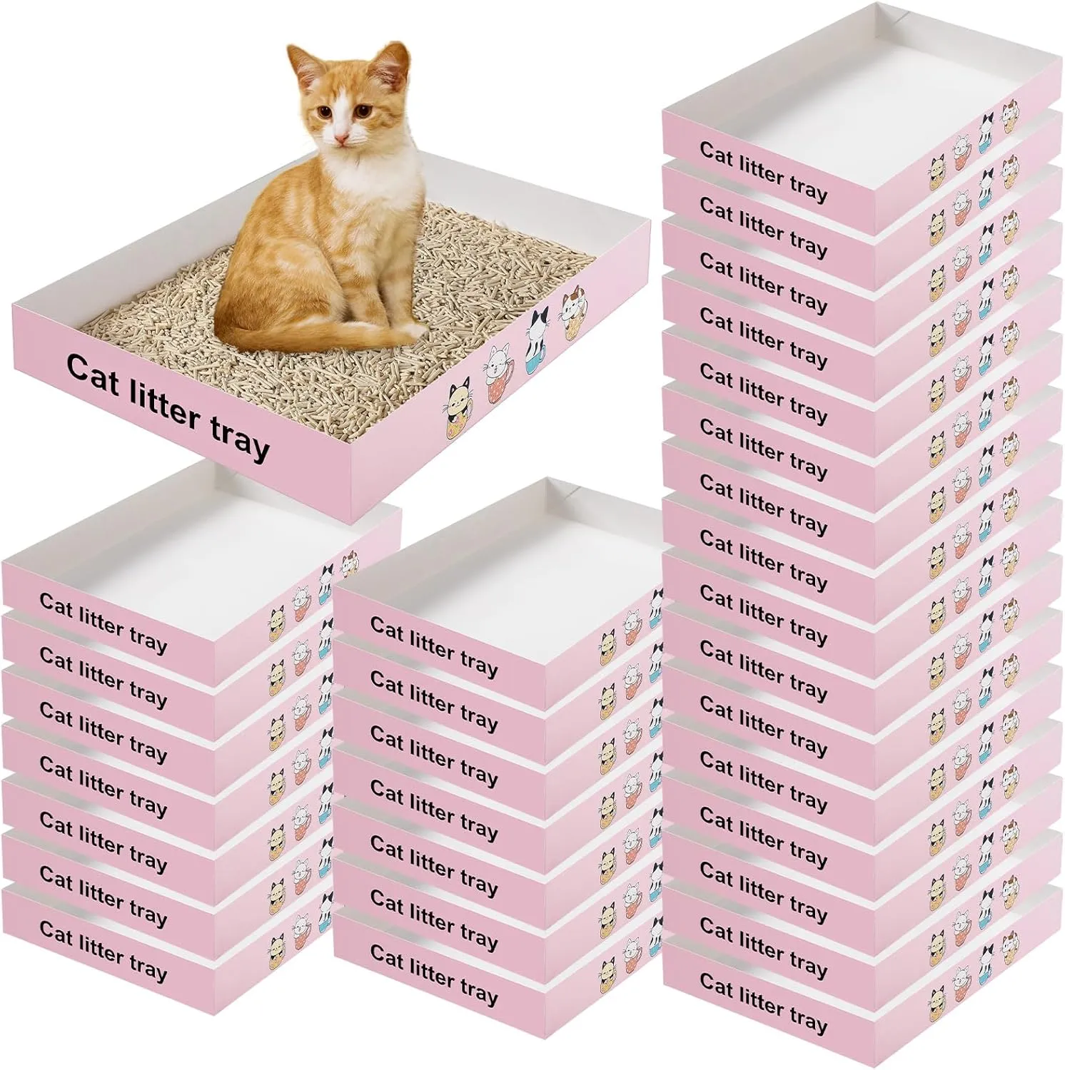 Roshtia 30 Pcs Disposable Cat Litter Box Foldable Paper Kitty Litter Tray 13.8 x 10 x 2 Inch Portable Kitten Litter Box Low Entry Waterproof Lightweight Cardboard Litter Tray (Pink)