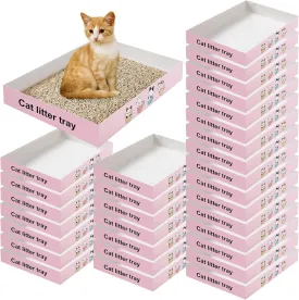 Roshtia 30 Pcs Disposable Cat Litter Box Foldable Paper Kitty Litter Tray 13.8 x 10 x 2 Inch Portable Kitten Litter Box Low Entry Waterproof Lightweight Cardboard Litter Tray (Pink)