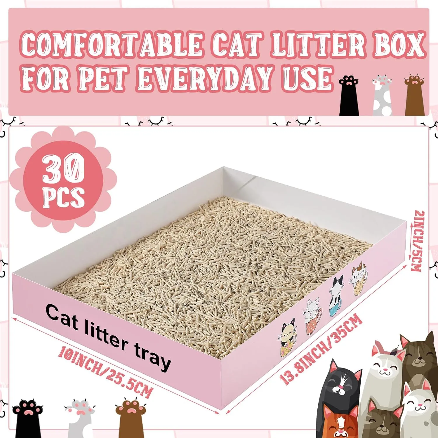 Roshtia 30 Pcs Disposable Cat Litter Box Foldable Paper Kitty Litter Tray 13.8 x 10 x 2 Inch Portable Kitten Litter Box Low Entry Waterproof Lightweight Cardboard Litter Tray (Pink)