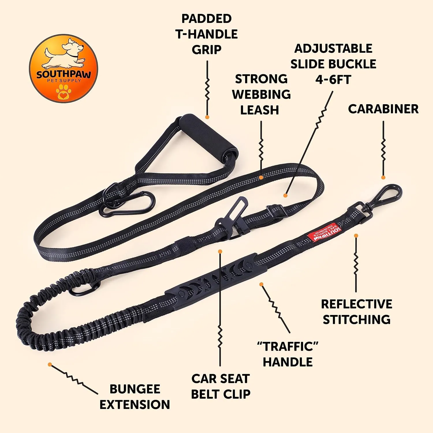 Shock Absorbing Tactical Bungee Dog Leash 4-7 ft. for Large Dogs with Seatbelt Buckle and Comfortable Padded Handle, Highly Reflective Extendable Heavy Duty Stretch Leash for Dog Owners (Black)