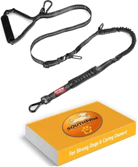 Shock Absorbing Tactical Bungee Dog Leash 4-7 ft. for Large Dogs with Seatbelt Buckle and Comfortable Padded Handle, Highly Reflective Extendable Heavy Duty Stretch Leash for Dog Owners (Black)