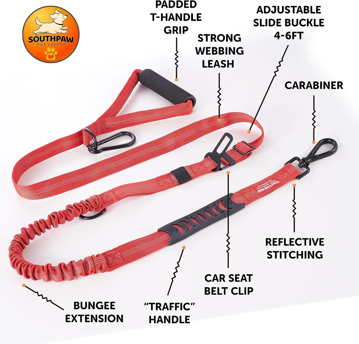 Shock Absorbing Tactical Bungee Dog Leash 4-7 ft. for Large Dogs with Seatbelt Buckle and Comfortable Padded Handle, Highly Reflective Extendable Heavy Duty Stretch Leash for Dog Owners (Red)