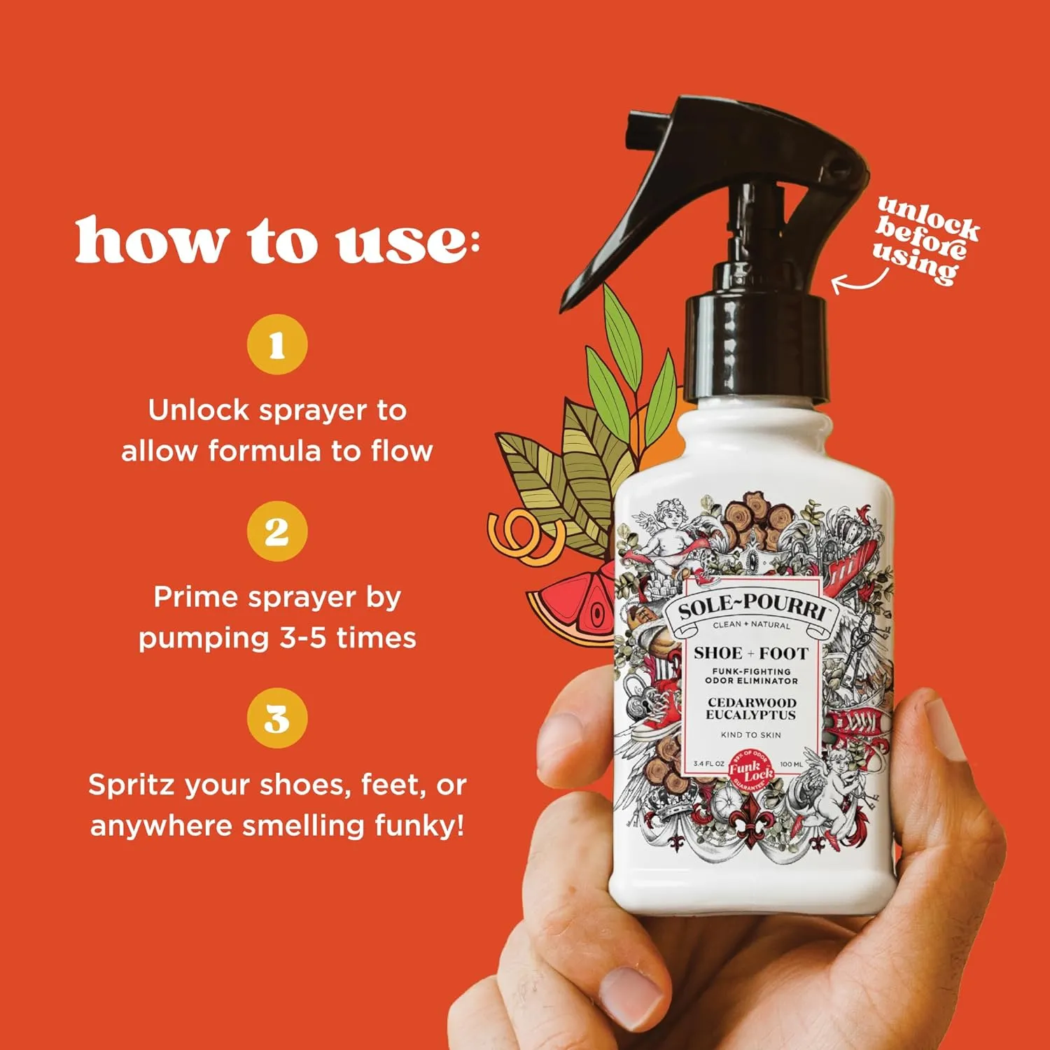 Sole-Pourri Shoe   Foot Funk-Fighting Odor Freshener Spray, Cedarwood Eucalyptus, 3.4 Fl Oz