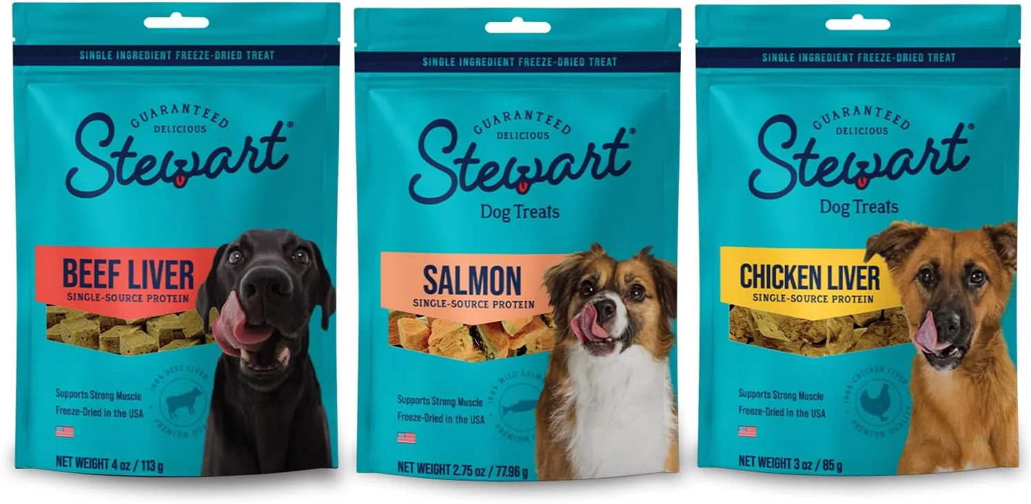 Stewart Freeze Dried Dog Treat Variety, Beef Liver, Salmon, & Chicken Liver, Resealable Pouch, Grain Free & Gluten Free, Single Ingredient Treats; 4 oz Beef Liver, 2.75 oz Salmon, & 3 oz Chicken Liver