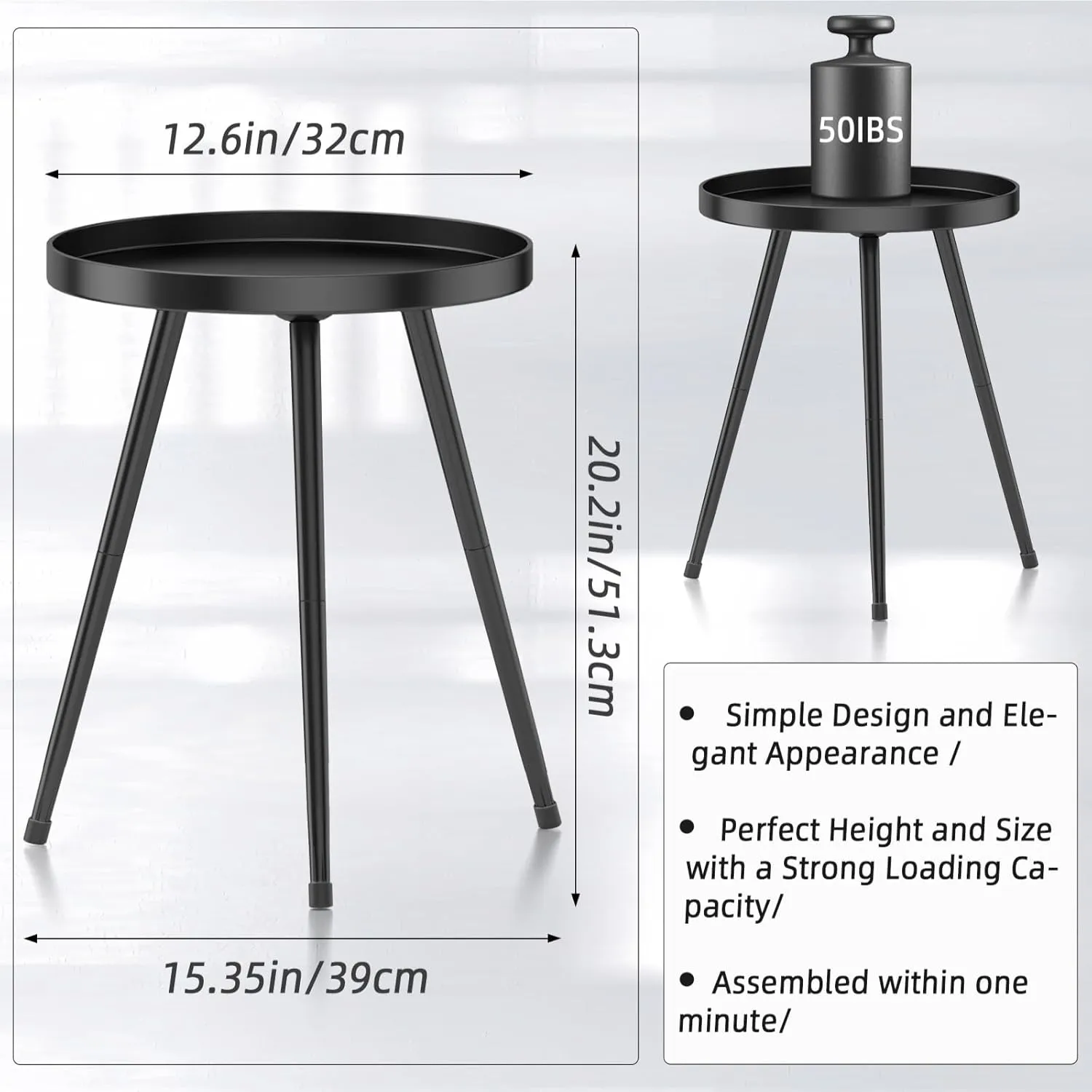 Stylish Round End Table - Small Side Table, Mini Metal Bedside Table for Living Room, Bedroom, Sofa Side - Modern Black Decor for Small Spaces