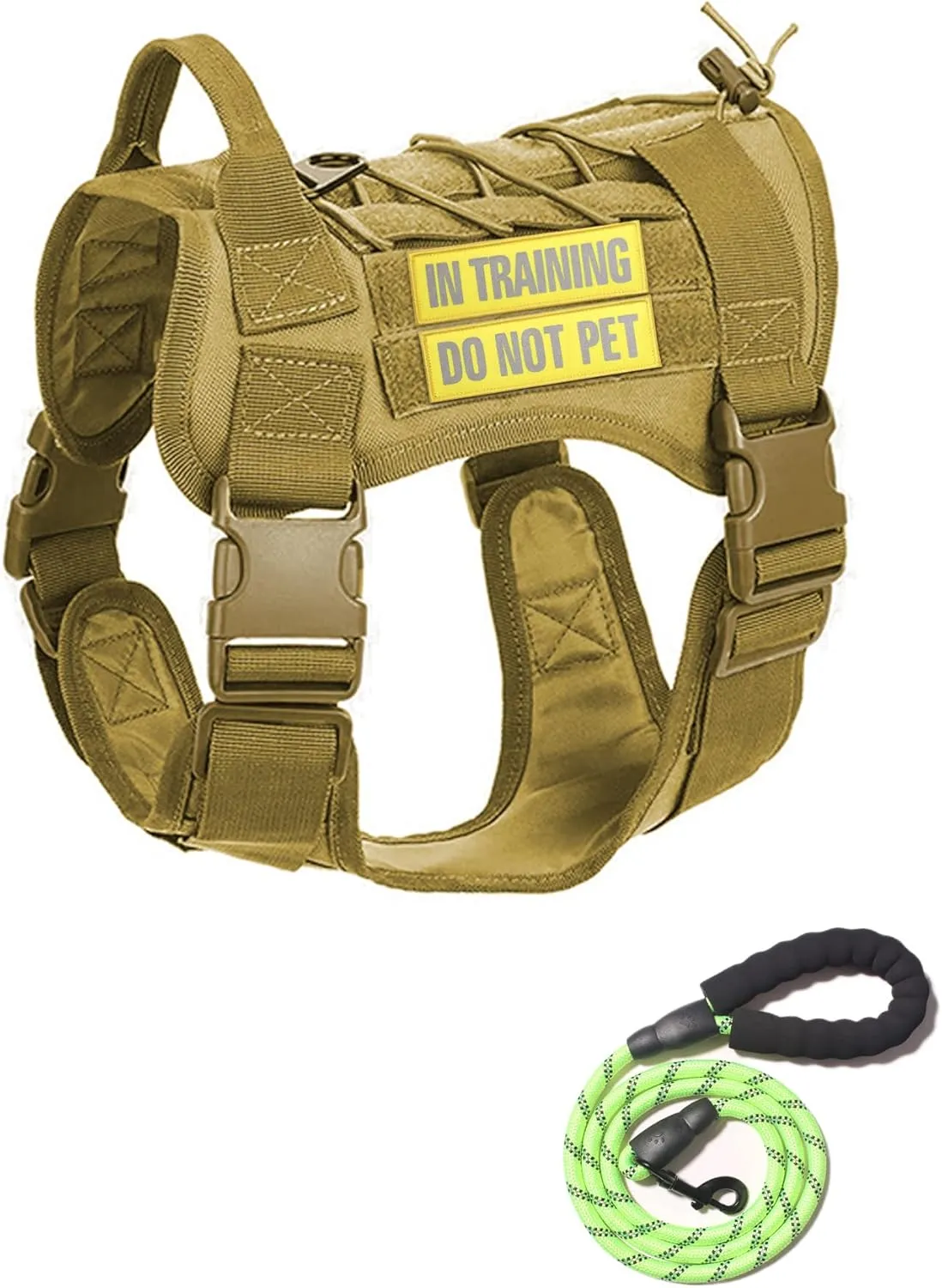 Tactical Dog Harness and Dog Leash Set with 2 Reflective Patches, No Pull Adjustable Working Dog Vest with Handle, Dog Training Harness for Medium Large Dogs Brown, M