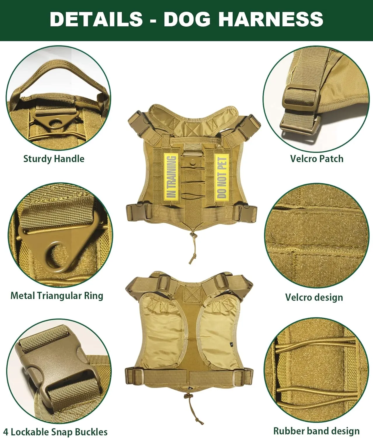 Tactical Dog Harness and Dog Leash Set with 2 Reflective Patches, No Pull Adjustable Working Dog Vest with Handle, Dog Training Harness for Medium Large Dogs Brown, M