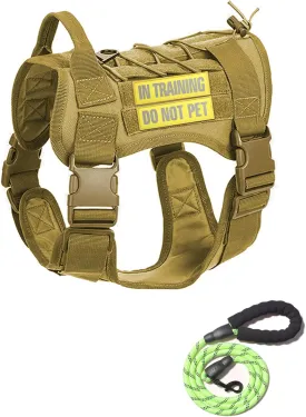 Tactical Dog Harness and Dog Leash Set with 2 Reflective Patches, No Pull Adjustable Working Dog Vest with Handle, Dog Training Harness for Medium Large Dogs Brown, M