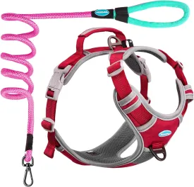 ThinkPet No Pull Harness Set Breathable Sport Harness with Handle - Reflective Padded Dog Safety Vest with Reflective Neon Dog Leash XL Harness Leash Pack Red