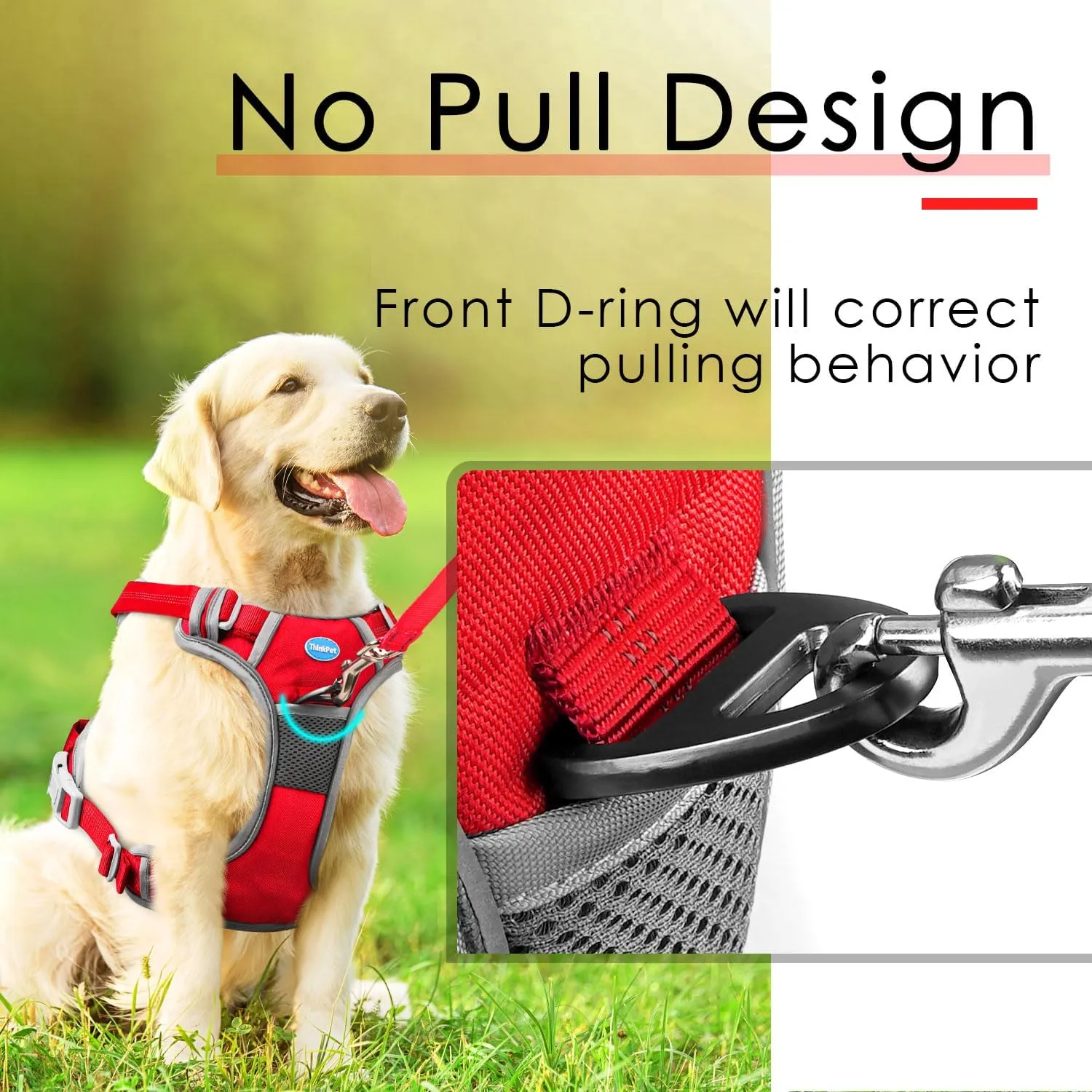 ThinkPet No Pull Harness Set Breathable Sport Harness with Handle - Reflective Padded Dog Safety Vest with Reflective Neon Dog Leash XL Harness Leash Pack Red