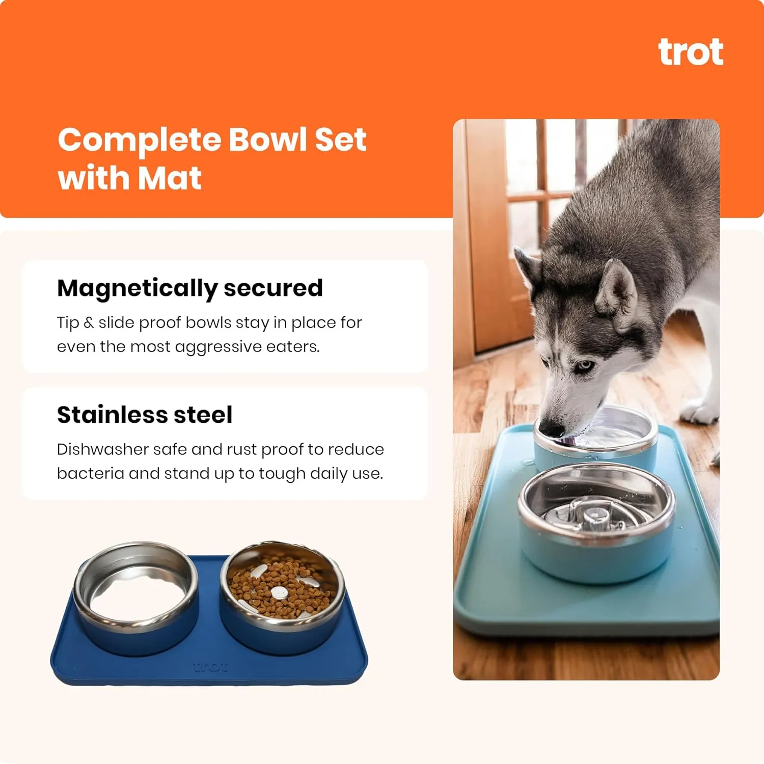 Trot Pets Premium Dog Bowls | Stainless Steel Bowl Set for Small, Medium, or Large Dogs | Non-Slip Food and & Water Slow Feeder | Durable, BPA-Free, Anti-Skid, Dishwasher Safe (Cobalt, Small)