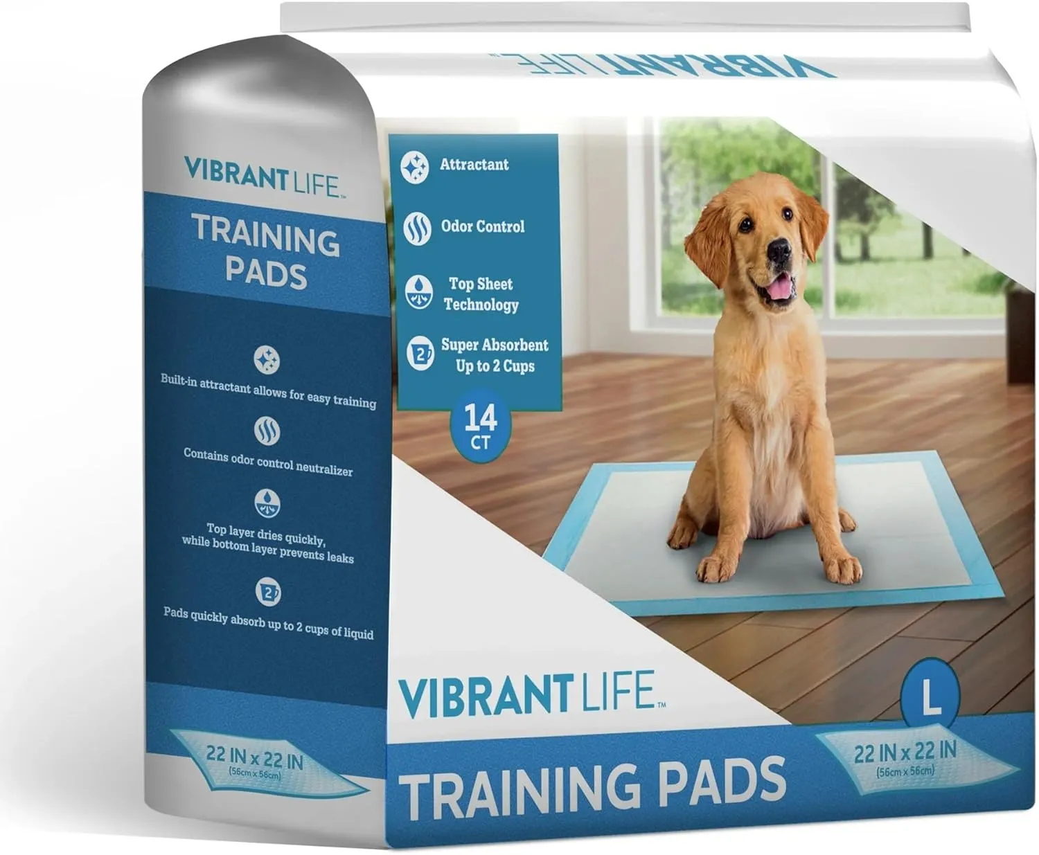 Vibrant Life Large Dog & Puppy Training Pads, 22 in x 22 in, Absorbent, Leak-Proof, Disposable, Odor Control, Built-in Attractant, Unscented, Perfect for Potty Training & Daily Use (14 Ct)