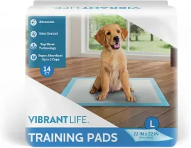 Vibrant Life Large Dog & Puppy Training Pads, 22 in x 22 in, Absorbent, Leak-Proof, Disposable, Odor Control, Built-in Attractant, Unscented, Perfect for Potty Training & Daily Use (14 Ct)