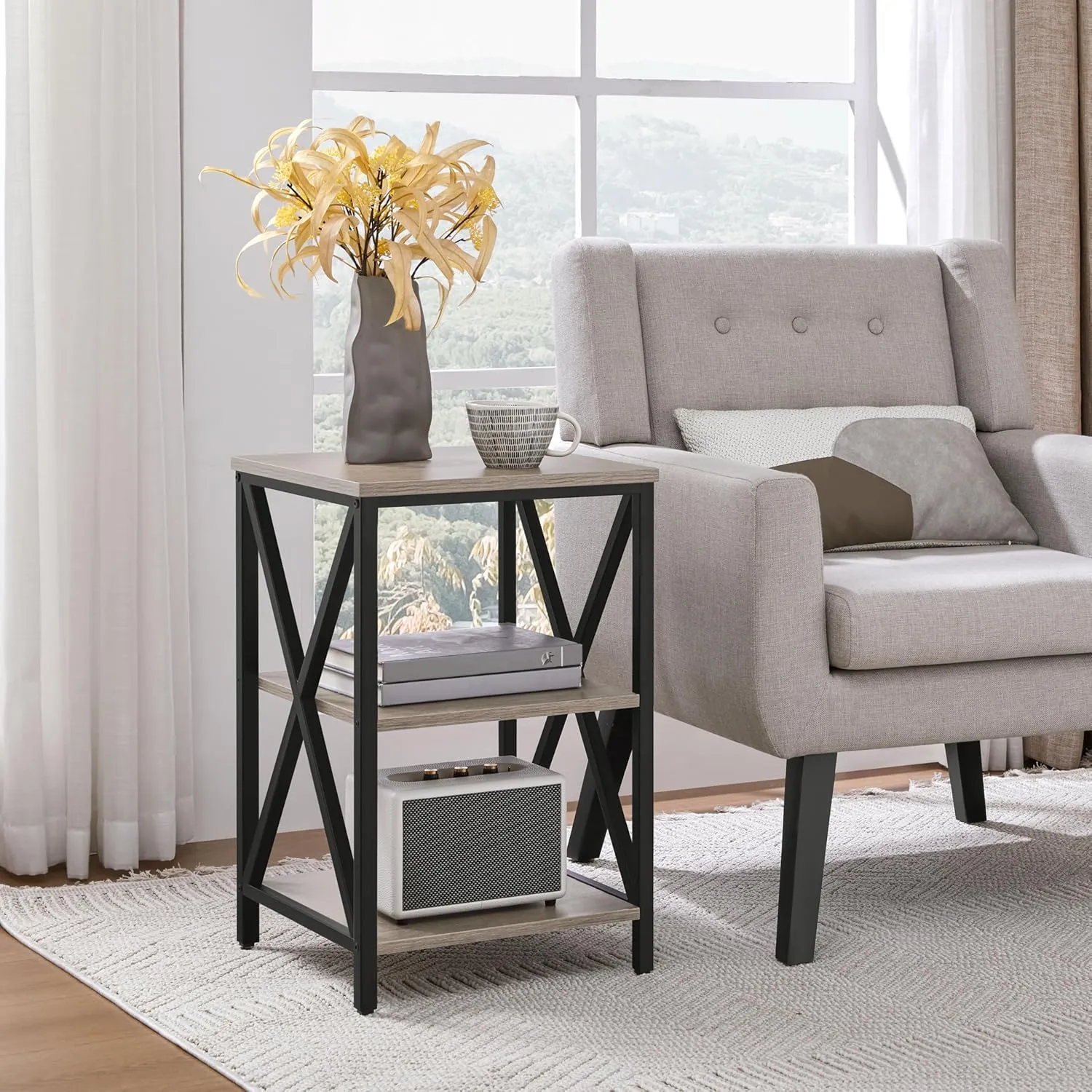 Yaheetech Industrial End Tables Set of 2, 3-Tier Side Tables with Storage Shelves for Living Room, X Design Sofa Tables, Strong Metal Frame, Easy Assembly, 16x16x24.5 in, Gray