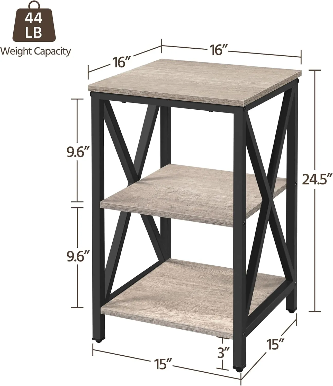 Yaheetech Industrial End Tables Set of 2, 3-Tier Side Tables with Storage Shelves for Living Room, X Design Sofa Tables, Strong Metal Frame, Easy Assembly, 16x16x24.5 in, Gray