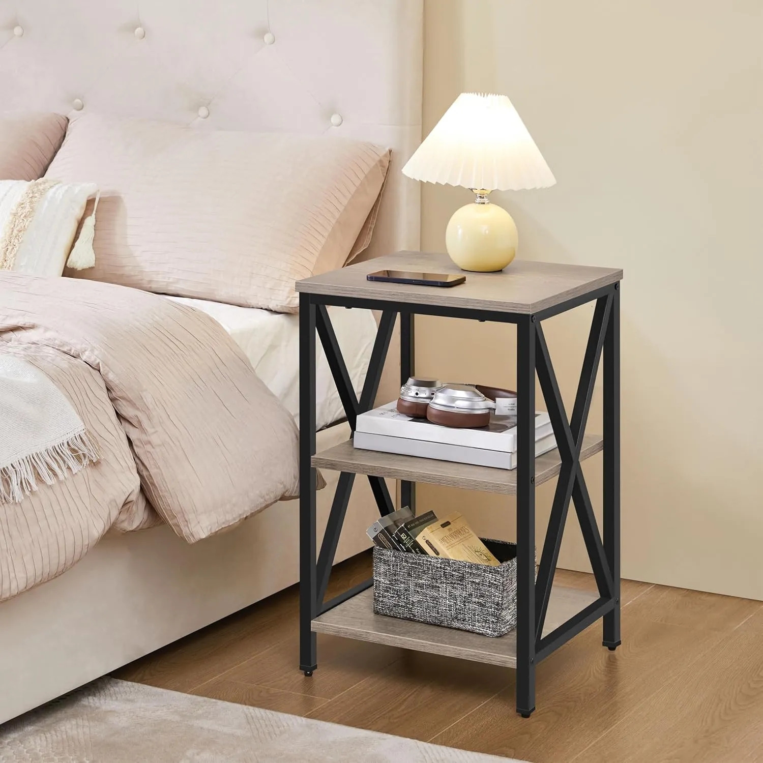 Yaheetech Industrial End Tables Set of 2, 3-Tier Side Tables with Storage Shelves for Living Room, X Design Sofa Tables, Strong Metal Frame, Easy Assembly, 16x16x24.5 in, Gray